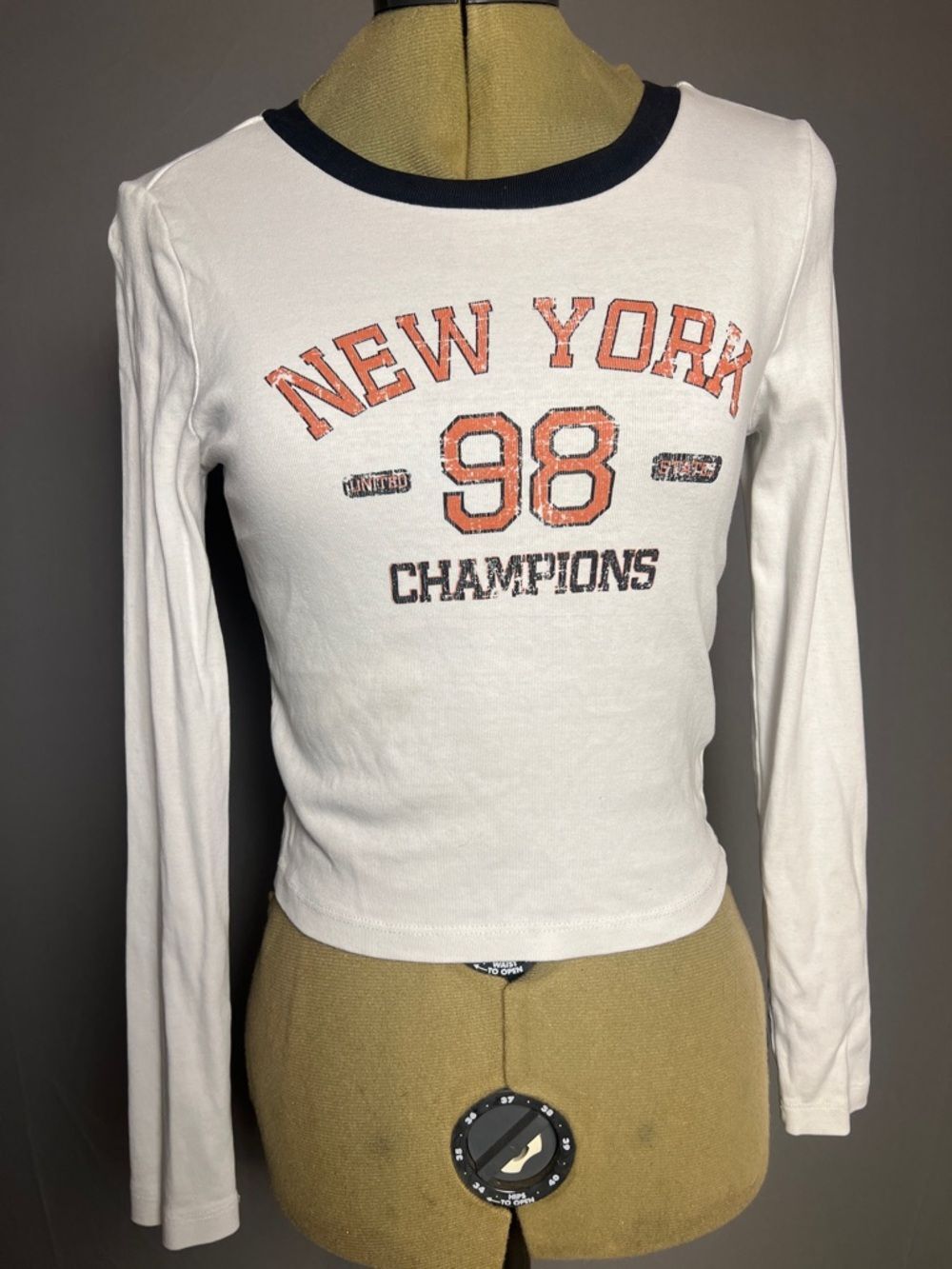 Forever 21 White Long Sleeve Tee with Orange Graphic and Navy Trim
